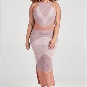 Geometric Colorblock Halter Knit Maxi Sweater Dress in Blush & Peach NWOT